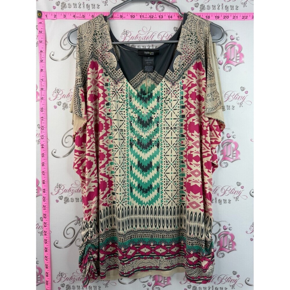 Style & Co. Mini dress or top Cream, Teal & Magenta Geometric Print Dolman Top